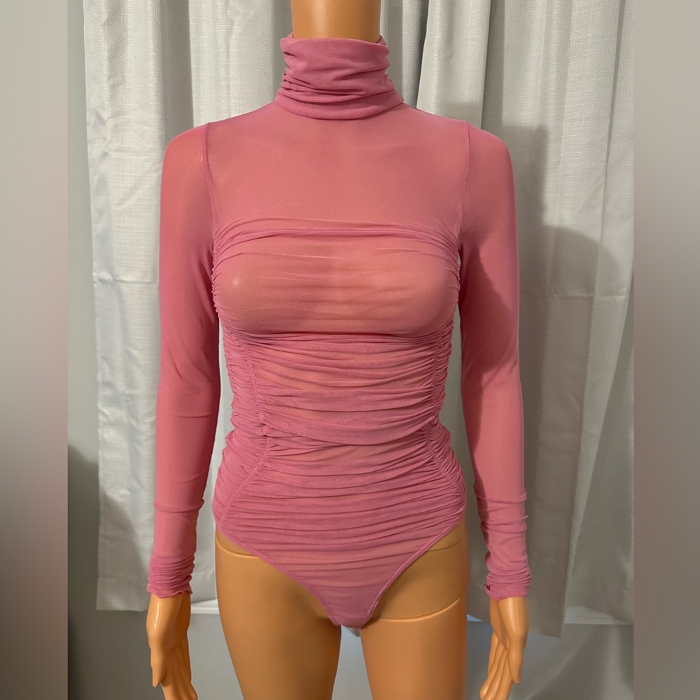 Pretty Free People size XS pink Fiji flower long sleeve sheer rouched bodysuit